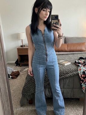 Denim Zip-Front Sleeveless Jumpsuit in Light Blue